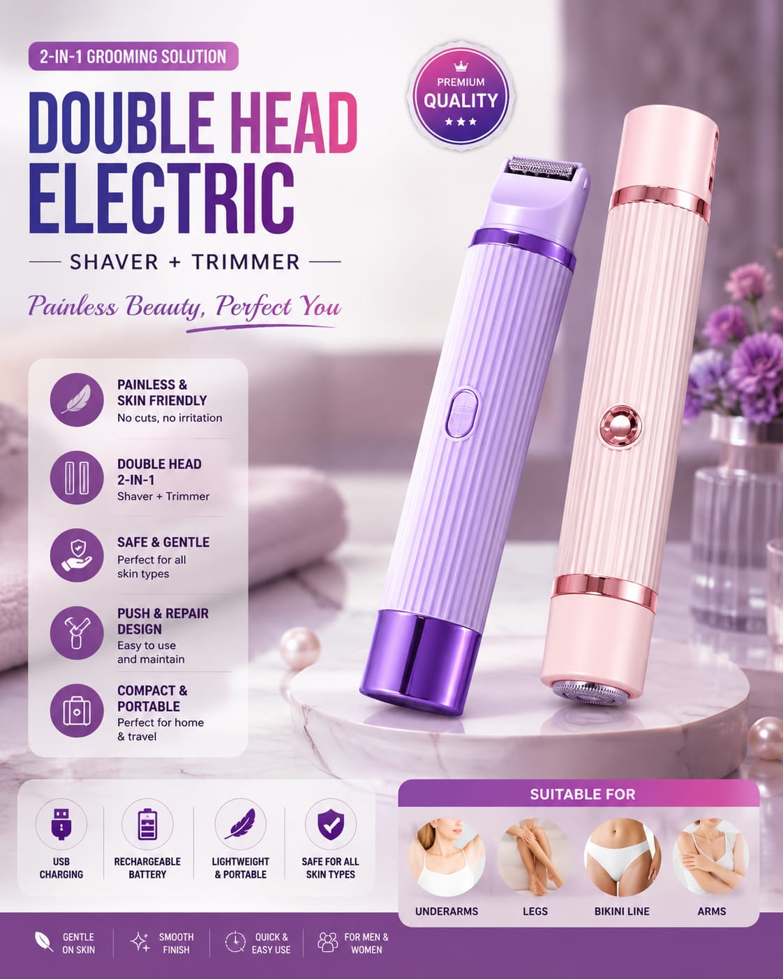 Deal Zone | 2 in 1 Dual Head Electric Shaver for Women – Bikini Trimmer Wet & Dry Use