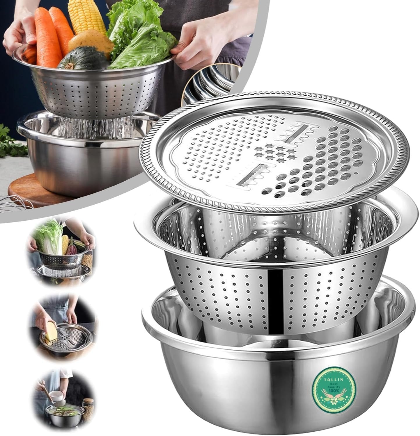 Deal Zone | Multifunctional Stainless Steel Colander with Grater – Vegetable Washing & Slicing Bowl