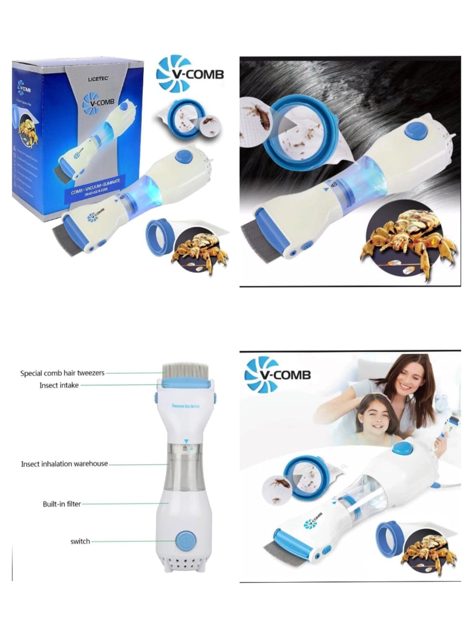 Deal Zone | V-Comb Anti Lice Electric Comb – Rechargeable Head Lice Removal Comb with Steel Teeth & 4 Filters